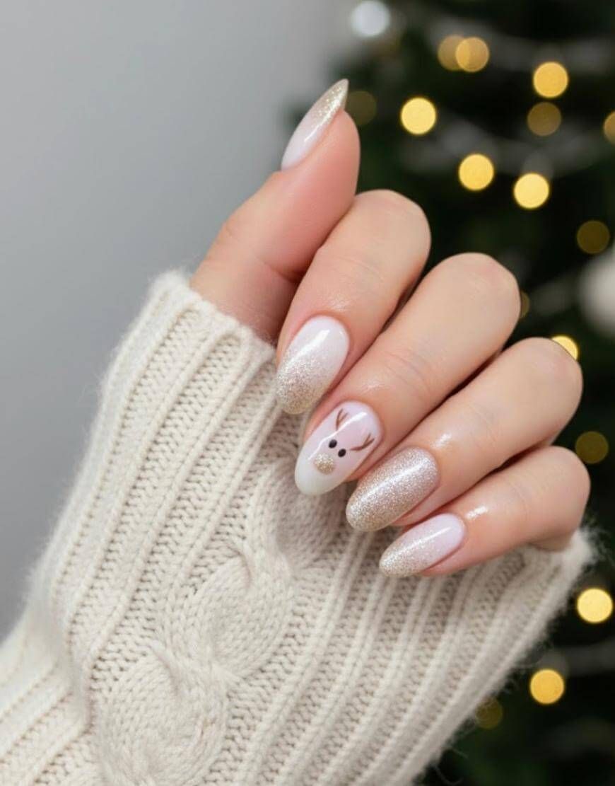 White Pink Reindeer Face Glitter Nails White Pink Reindeer Face Glitter Nails — Cute Christmas Nails 2026