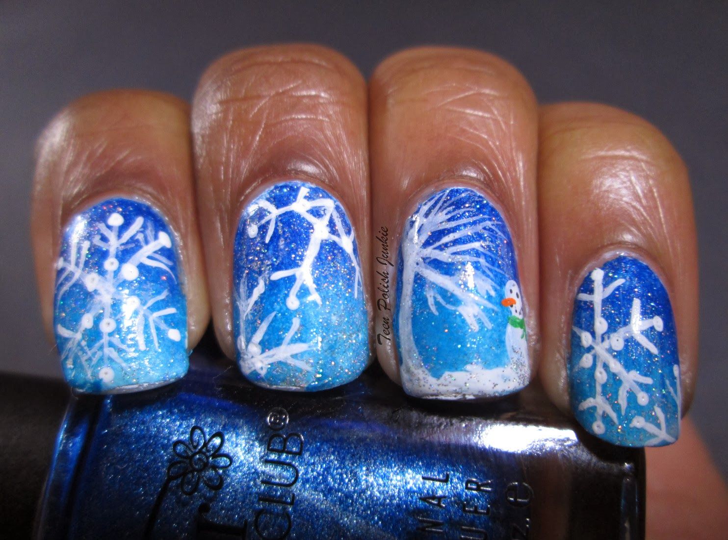 Blue Gradient Snowflake Square Nails — Winter Nails for Teens