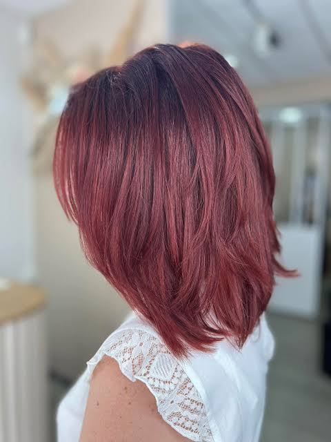 Layered Lob With Medium Cherry Red Layered Lob With Medium Cherry Red — Cherry Cola Hair Color