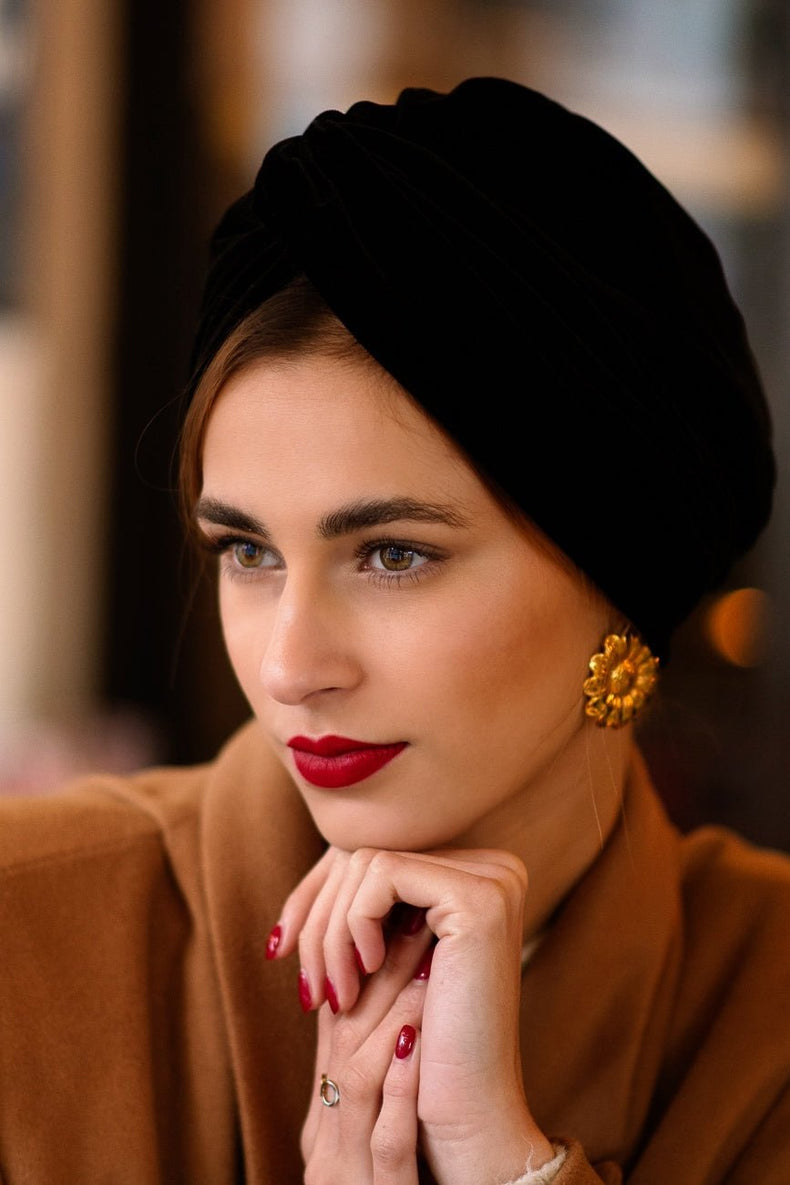 Slicked Back Mid-Back Dark Brown With Turban — Winter Hat Hairstyles