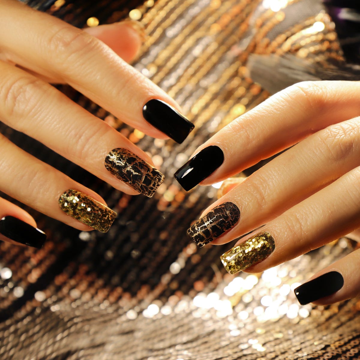 Black Square Nails with Gold Glitter Accents Black Square Nails with Gold Glitter Accents — New Years Nails 2027