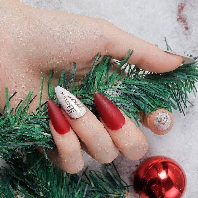 Matte Red Gold Text Almond Nails Matte Red Gold Text Almond Nails — Christmas Almond Nails 2026