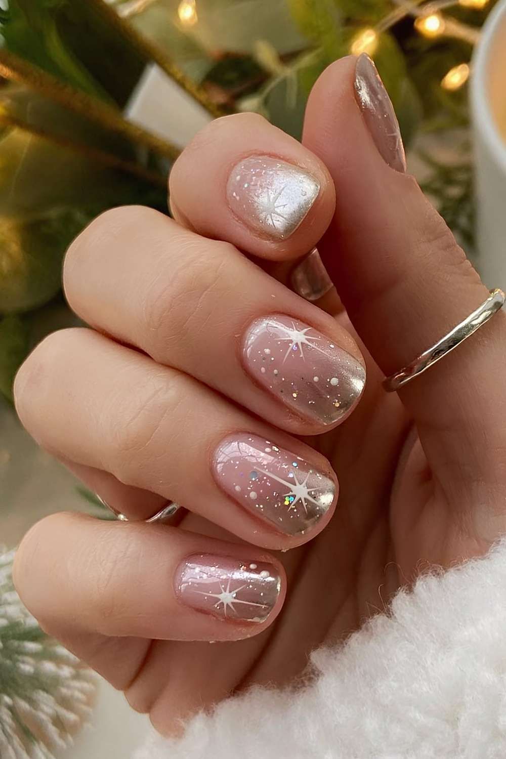 Short Round Snowflake and Silver Glitter Short Round Snowflake and Silver Glitter — Winter Gold Nails
