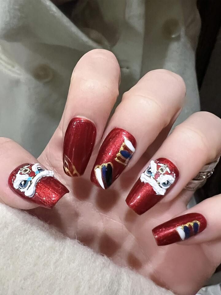 Red Glitter With Lion Face Art Red Glitter With Lion Face Art — Short Christmas Coffin Nails 2026