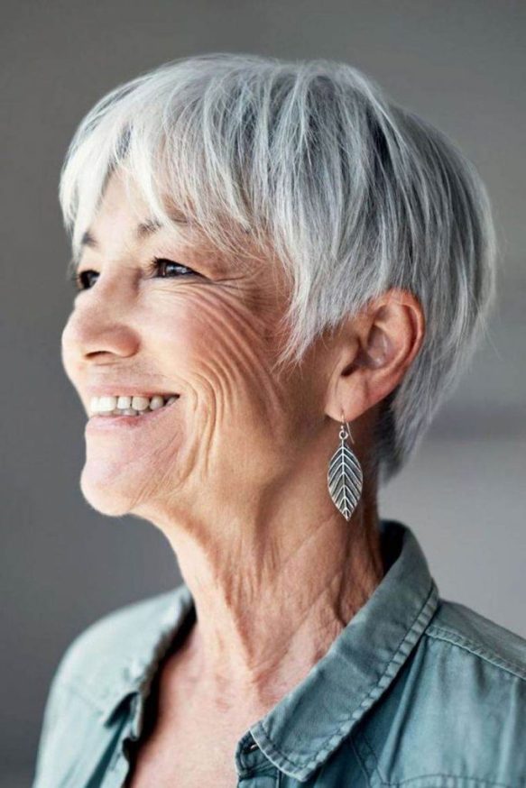 Fine Silver Pixie With Forward Fringe Fine Silver Pixie With Forward Fringe — Winter Haircuts for Women Over 60