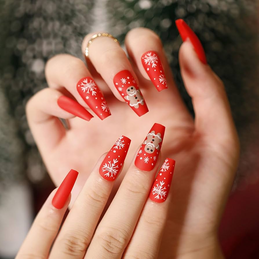Matte Red Coffin Nails with Snowflakes and Gingerbread Matte Red Coffin Nails with Snowflakes and Gingerbread — Snowflake Nails