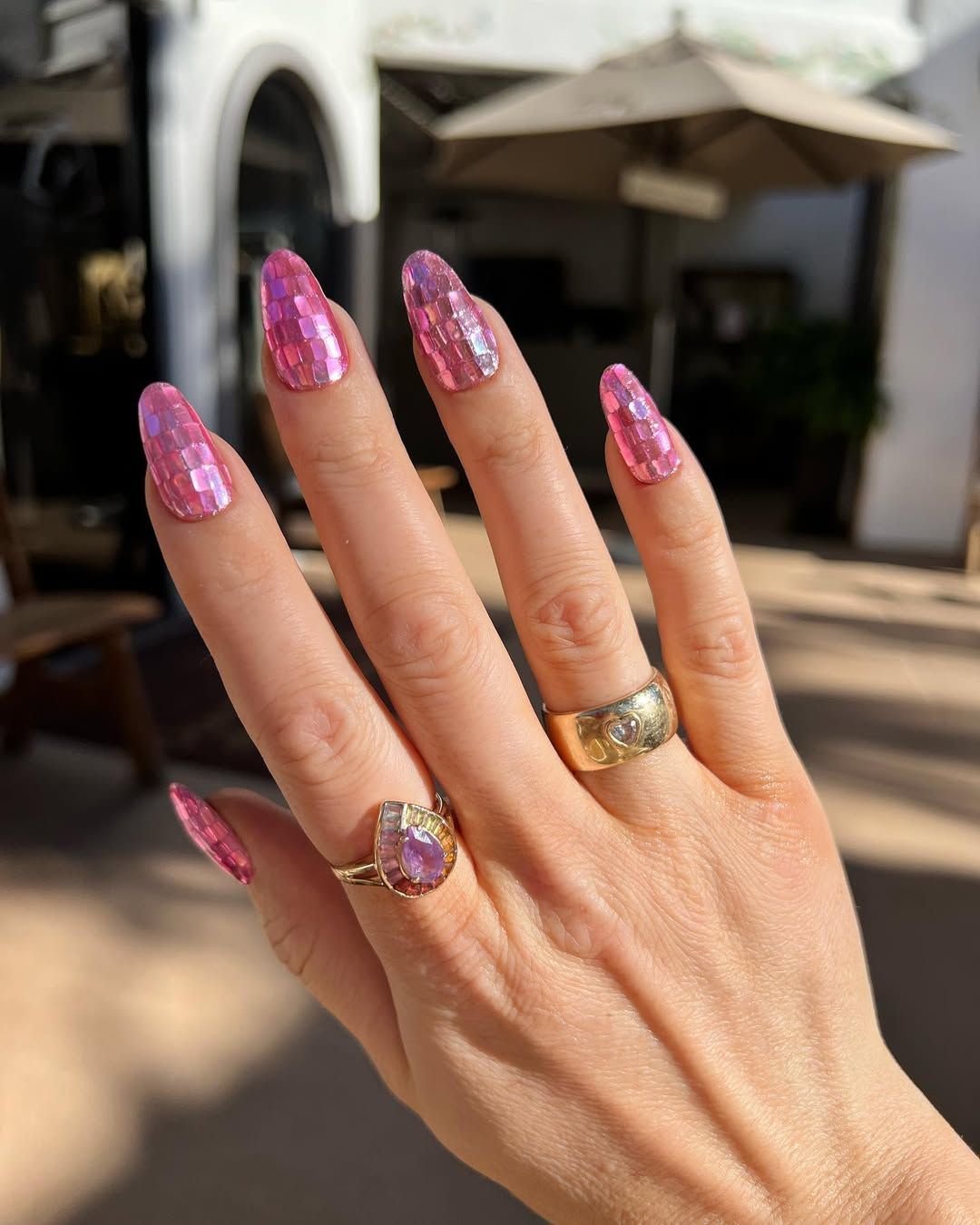 Vibrant Pink Iridescent Mosaic Stiletto Nails — New Years Acrylic Nails 2027