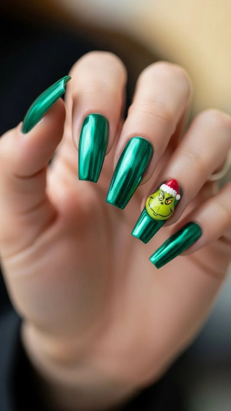 Emerald Chrome Long Coffin Grinch Nails Emerald Chrome Long Coffin Grinch Nails — Grinch Nails 2026