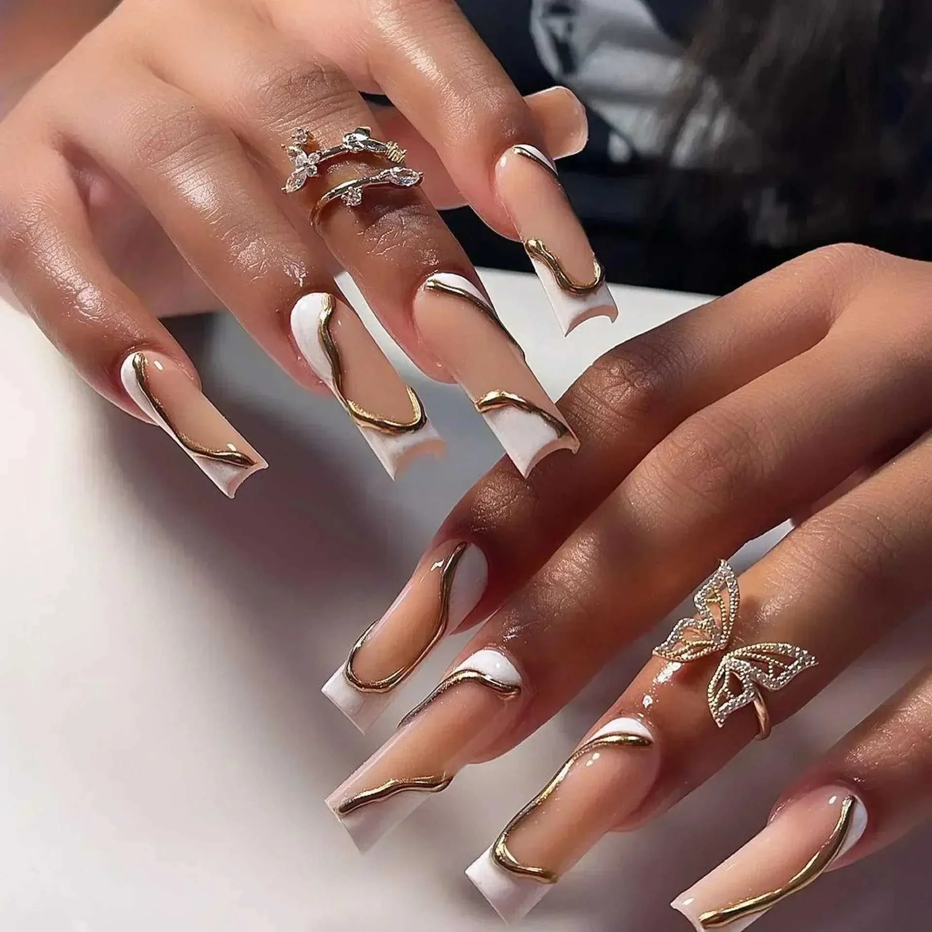 Abstract Wavy Lines French Tips Visual Idea — Long Winter Coffin Nails