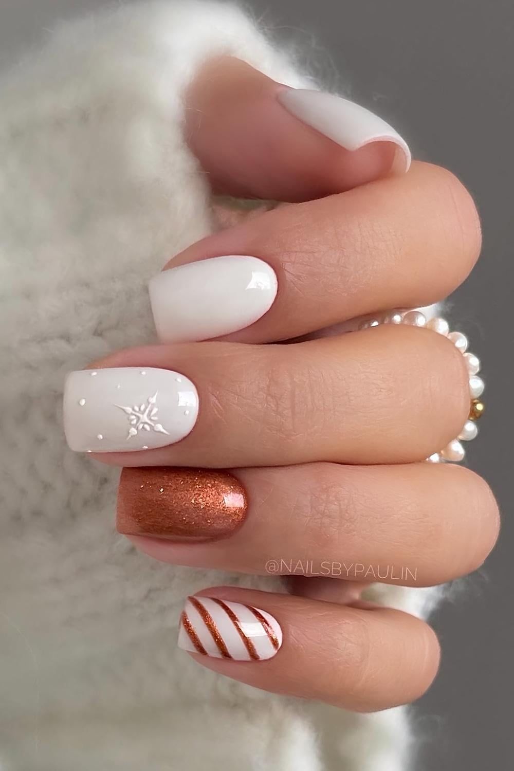 Matte White Copper Glitter Snowflake Matte White Copper Glitter Snowflake — Short Christmas Coffin Nails 2026
