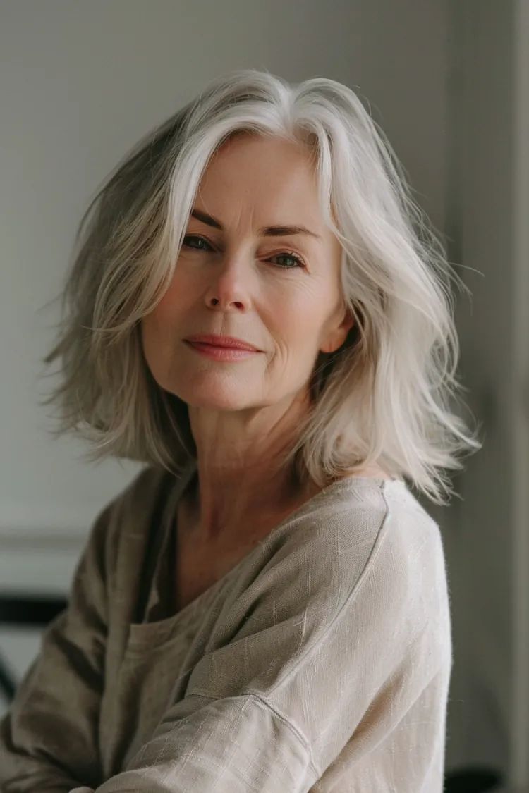 Natural Silver Grey Lob With Soft Waves — Medium Length Winter Haircuts