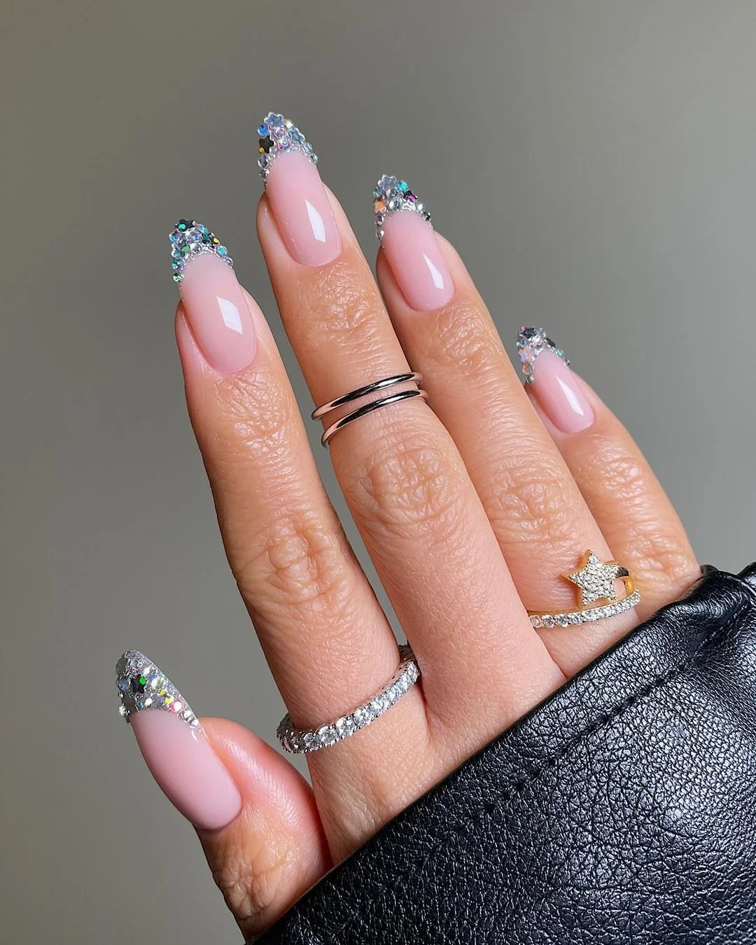 Long Almond French with Rhinestone Tips Long Almond French with Rhinestone Tips — New Years Nails 2027