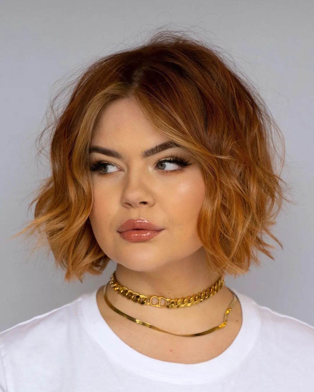 Chin Bob With Copper Blonde Balayage Chin Bob With Copper Blonde Balayage — Winter Haircuts for Round Faces