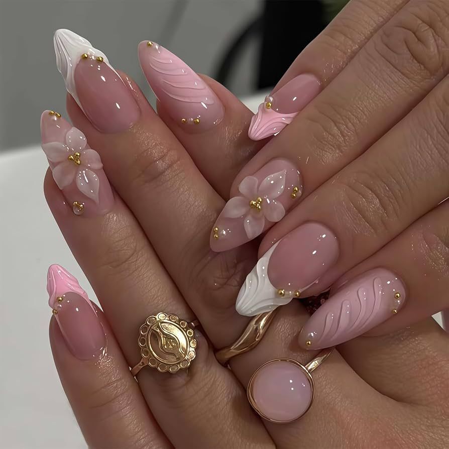 Pink Base 3D Flowers Gold Beads Pink Base 3D Flowers Gold Beads — Medium Winter Almond Nails