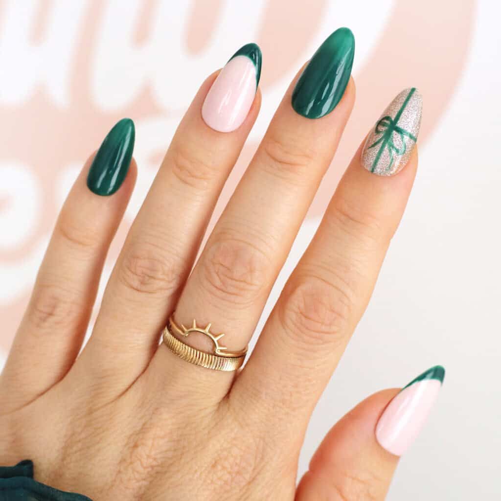 Deep Green French Tips with Glitter Bow Deep Green French Tips with Glitter Bow — Christmas Nail Designs 2026