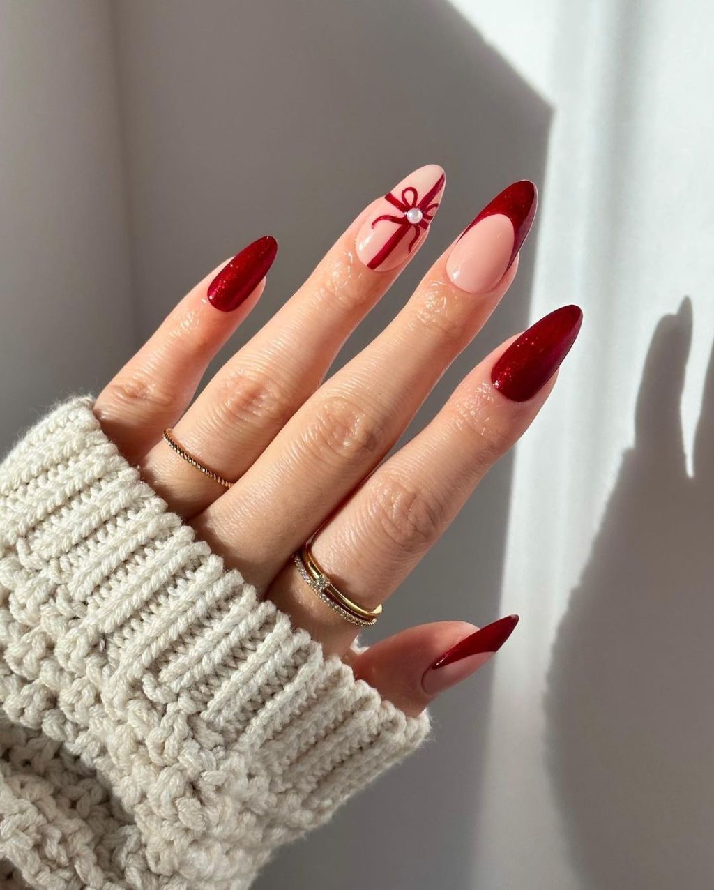 Deep Red Ribbon Bow Glitter Almond Nails Deep Red Ribbon Bow Glitter Almond Nails — Christmas Almond Nails 2026