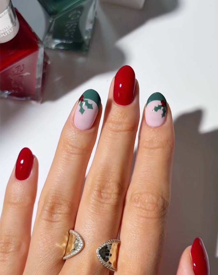 Short Oval Red and Nude with Holly — Green Christmas Nails 2026
