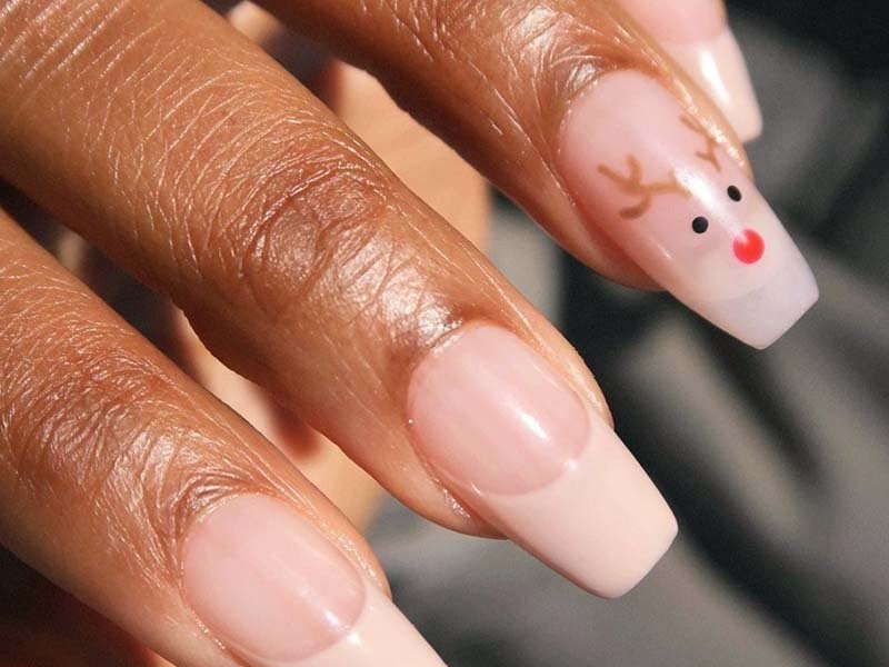 Nude Pink Reindeer Face Medium Square Nails Nude Pink Reindeer Face Medium Square Nails — Christmas Coffin Nails 2026