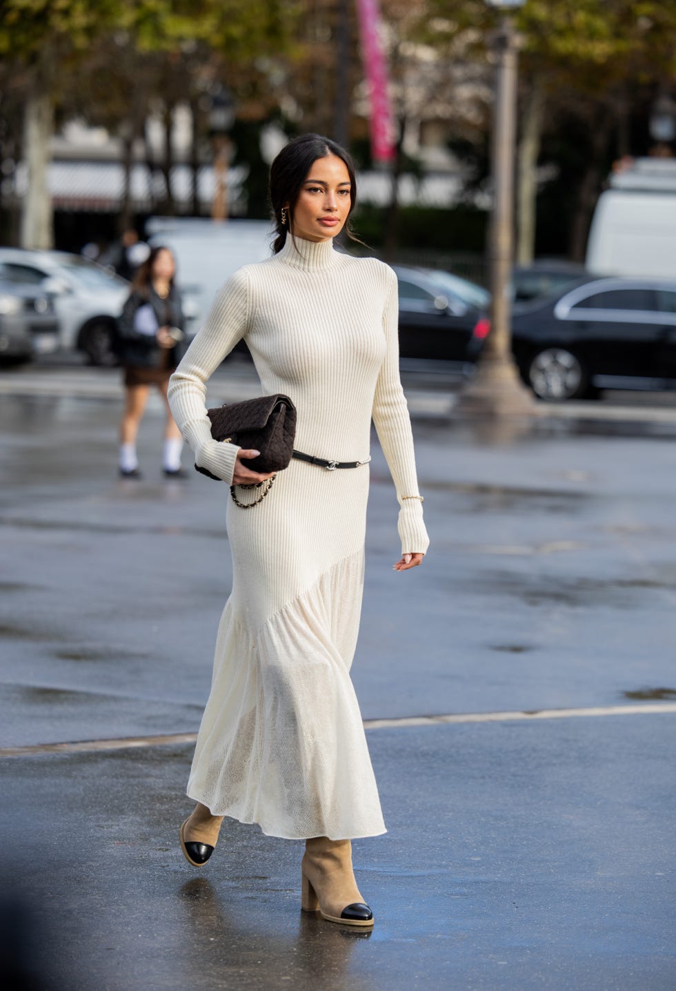 Modern Neutrals: Ribbed Turtleneck Dress with Sheer Panel — Fall to Winter Outfits