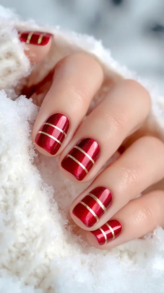 Short Square Red with Gold Stripes Short Square Red with Gold Stripes — Red Christmas Nails 2026