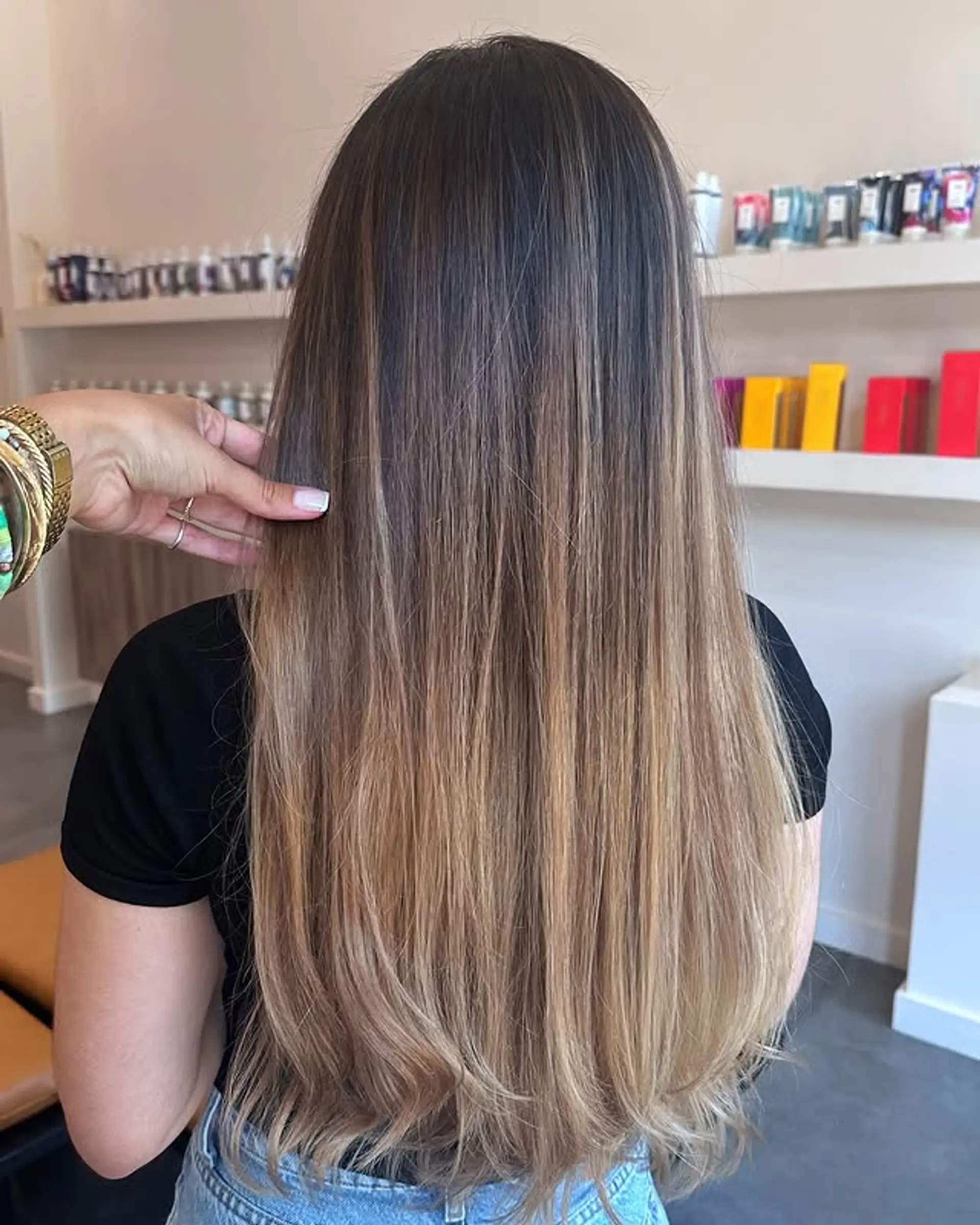 Mid-Back Straight Dark Brown to Blonde Ombre Mid-Back Straight Dark Brown to Blonde Ombre — Blonde to Brunette Hair