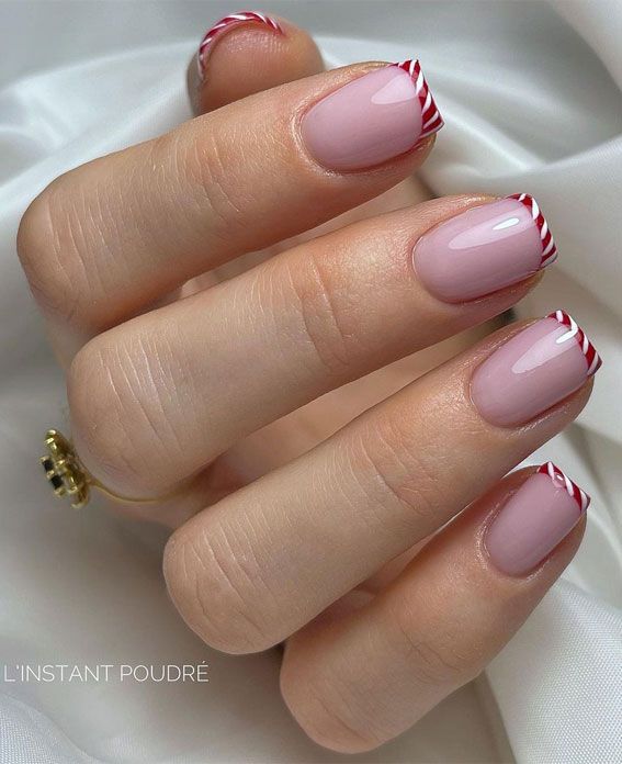 Sheer Pink Candy Cane French Nails — Short Christmas Square Nails 2026