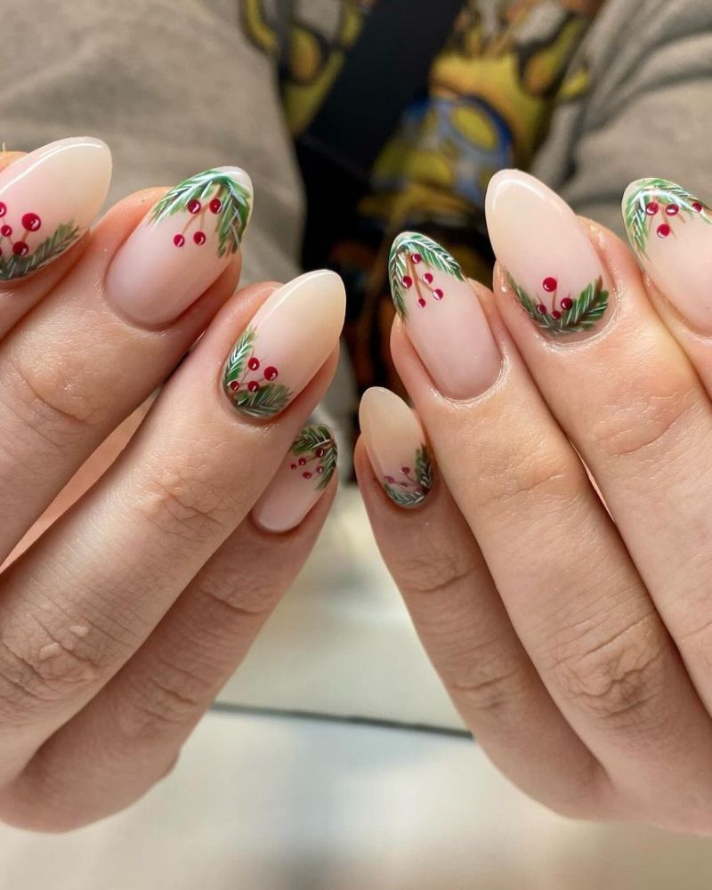 Green French Tips with Holly Berries Green French Tips with Holly Berries — Red and Green Christmas Nails 2026