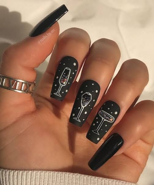 Matte Black Polka Dot Champagne Glass Nails — New Years Acrylic Nails 2027