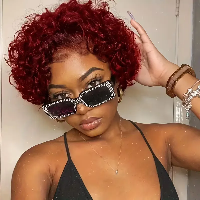 Ear Vibrant Burgundy Curly Pixie Ear Vibrant Burgundy Curly Pixie — Burgundy Hair Color