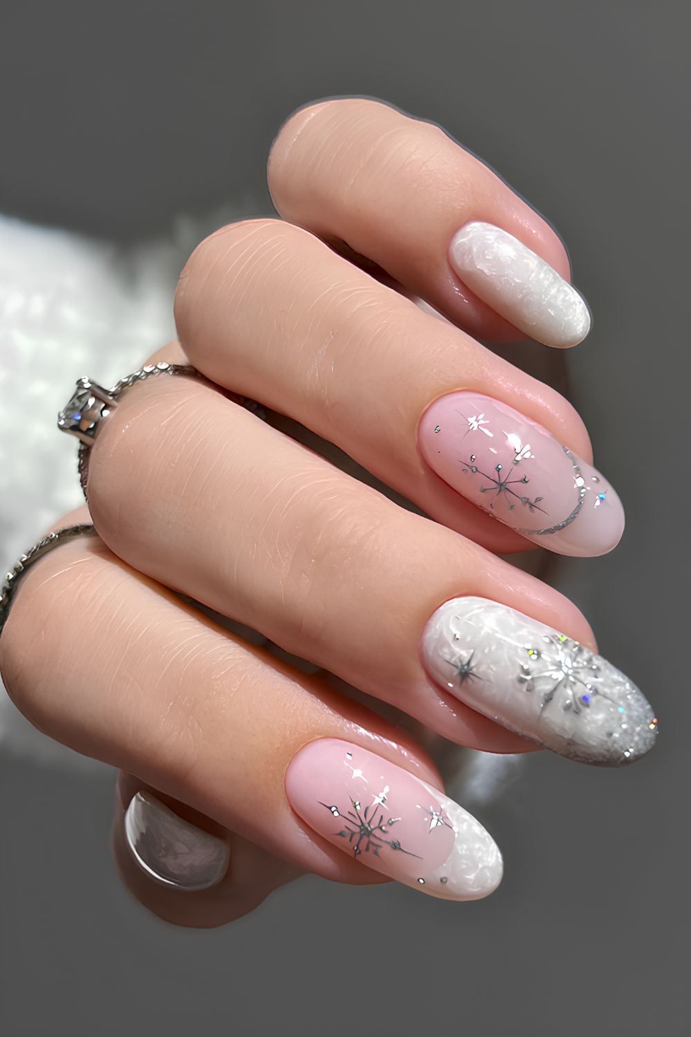 Snowflake Crescent Moon Oval Nails Snowflake Crescent Moon Oval Nails — Winter Pearl Nails