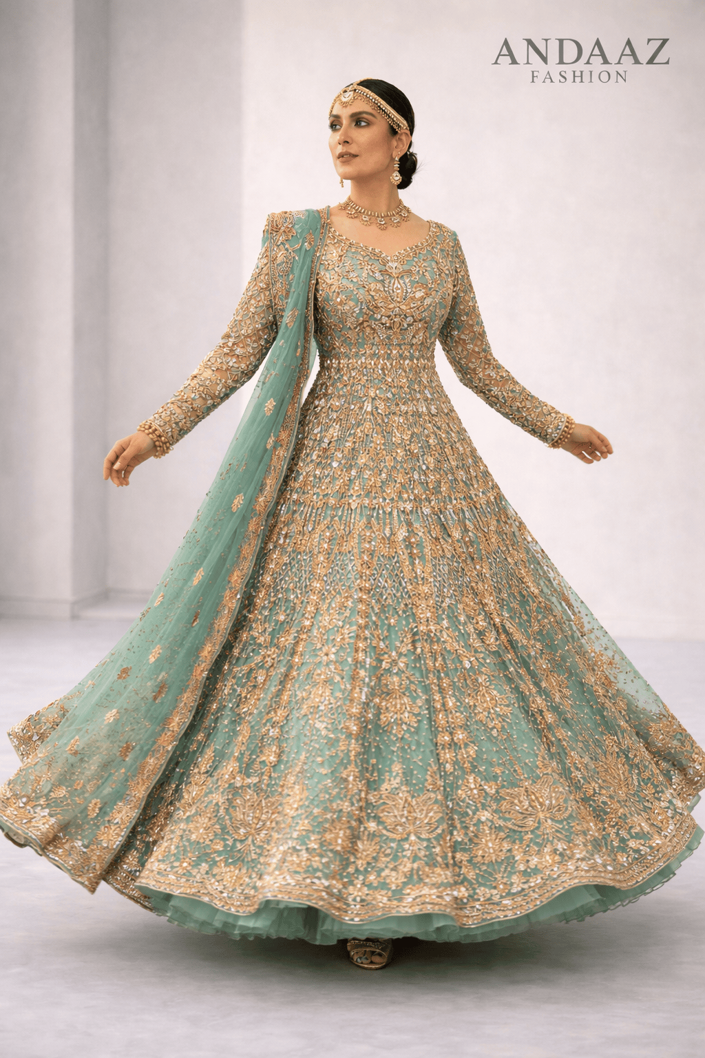 Embellished Mint Green Gown with Gold Embroidery Embellished Mint Green Gown with Gold Embroidery — Modest Winter Outfits