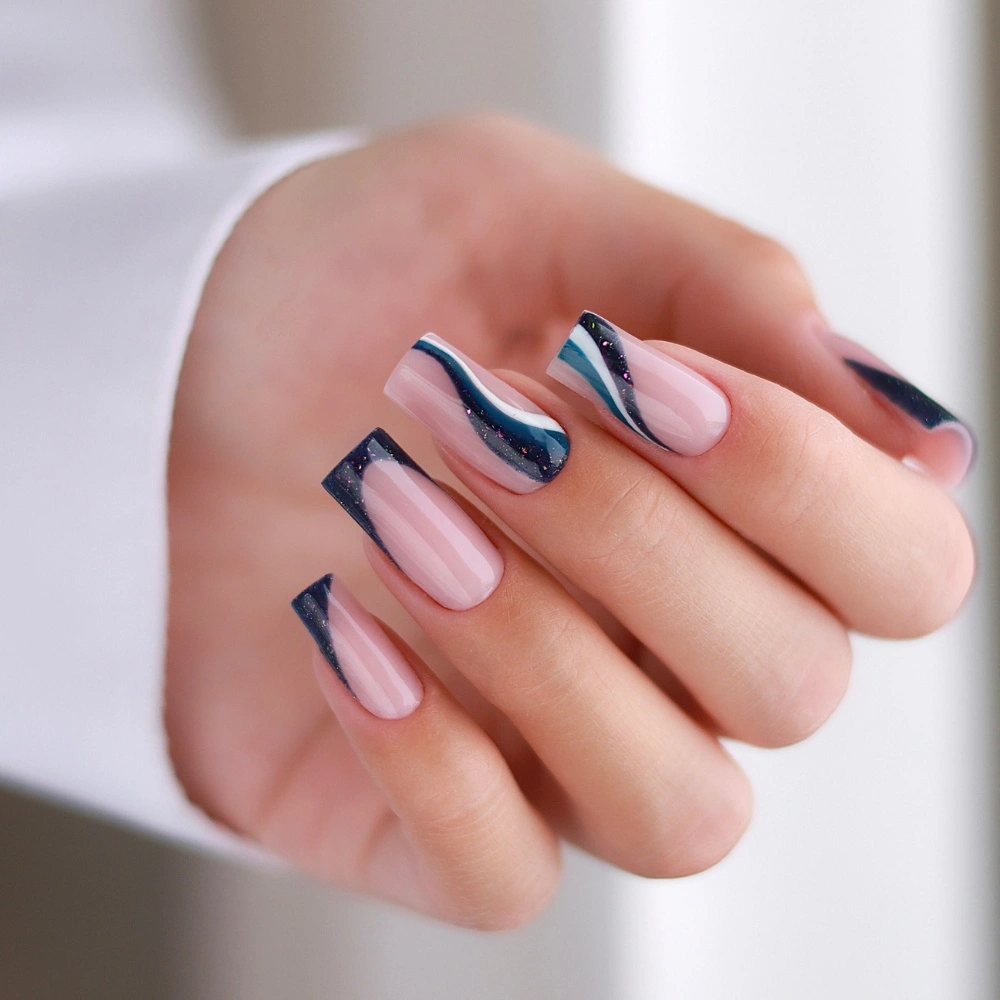 Navy Wavy French Medium Squares Navy Wavy French Medium Squares — Navy Blue Nails