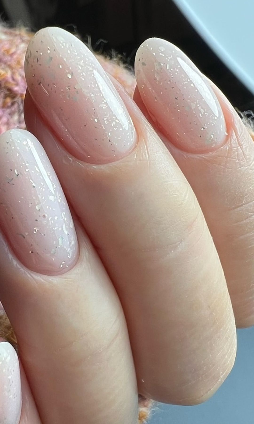 Medium Oval Milky Pink with Silver Glitter Flecks Medium Oval Milky Pink with Silver Glitter Flecks — Fall to Winter Nails