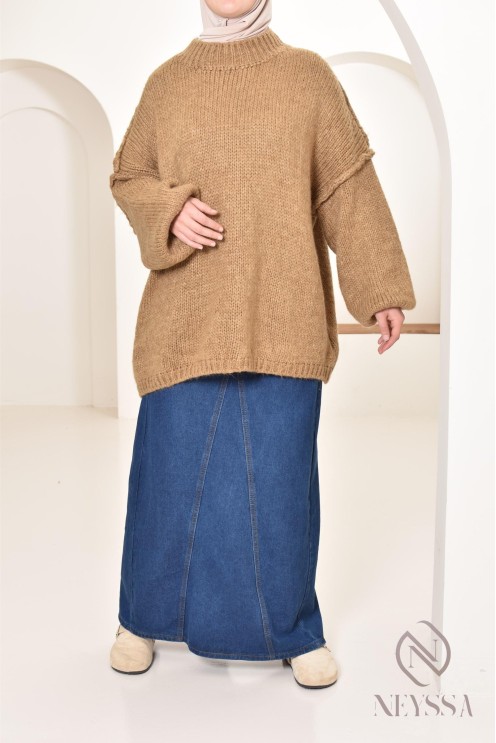 Oversized Camel Sweater with Denim Maxi Skirt Oversized Camel Sweater with Denim Maxi Skirt — Modest Winter Outfits
