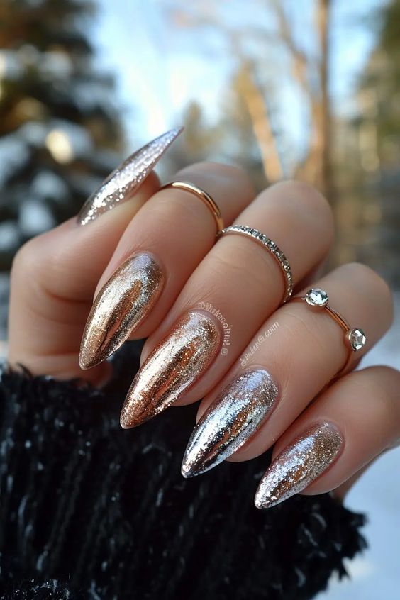 Silver Gold Chrome Glitter Stilettos Silver Gold Chrome Glitter Stilettos — Holiday Nails 2026