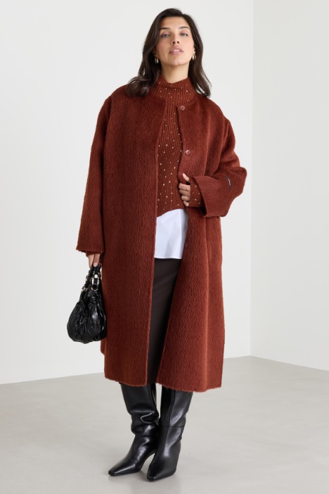 Textured Brown Coat Over Mock Neck Top and Collared Shirt for Layered Sophistication Textured Brown Coat Over Mock Neck Top and Collared Shirt for Layered Sophistication — Nashville Winter Outfits