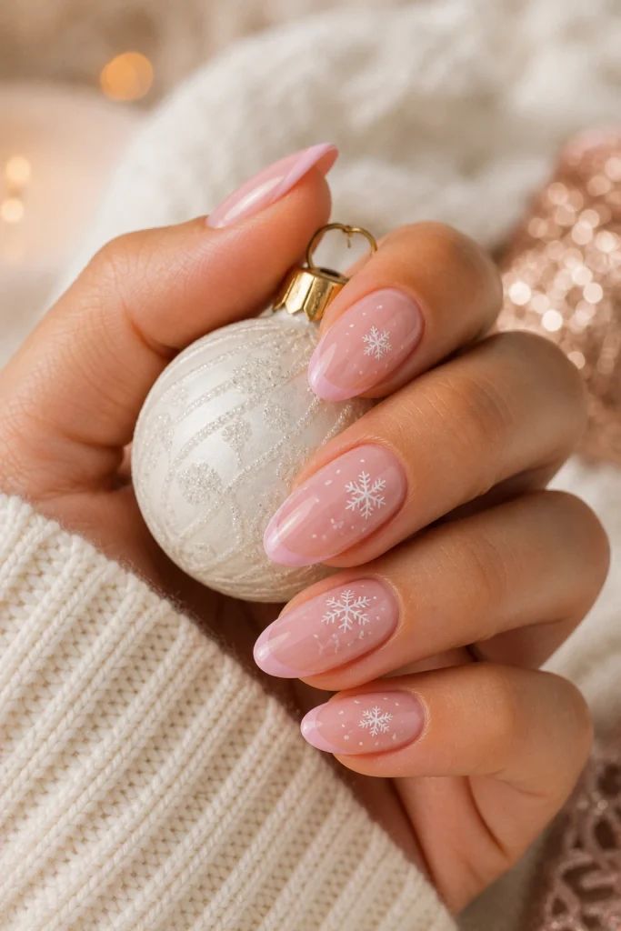 Sheer Pink with Delicate Snowflakes Sheer Pink with Delicate Snowflakes — Christmas Nail Art 2026