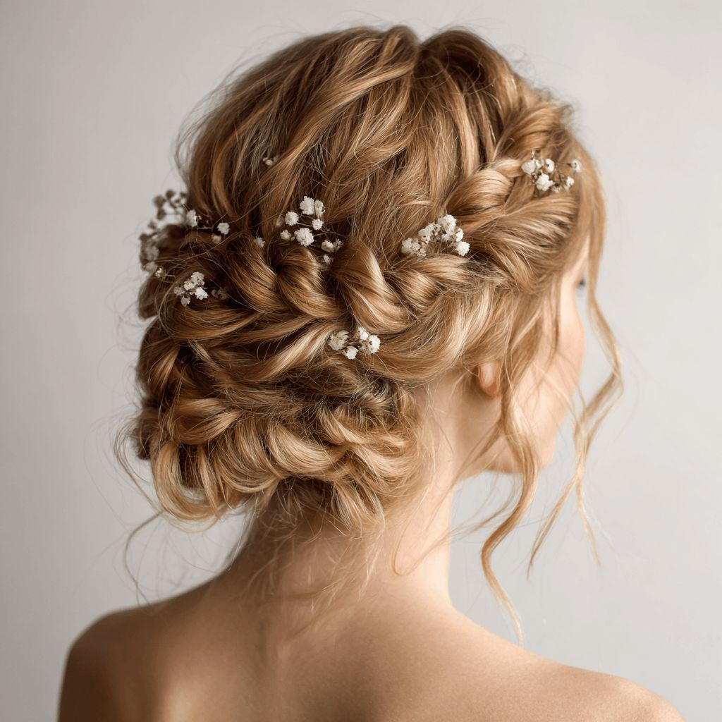 Braided Ash Blonde Low Bun With Flowers — Winter Bun Hairstyles