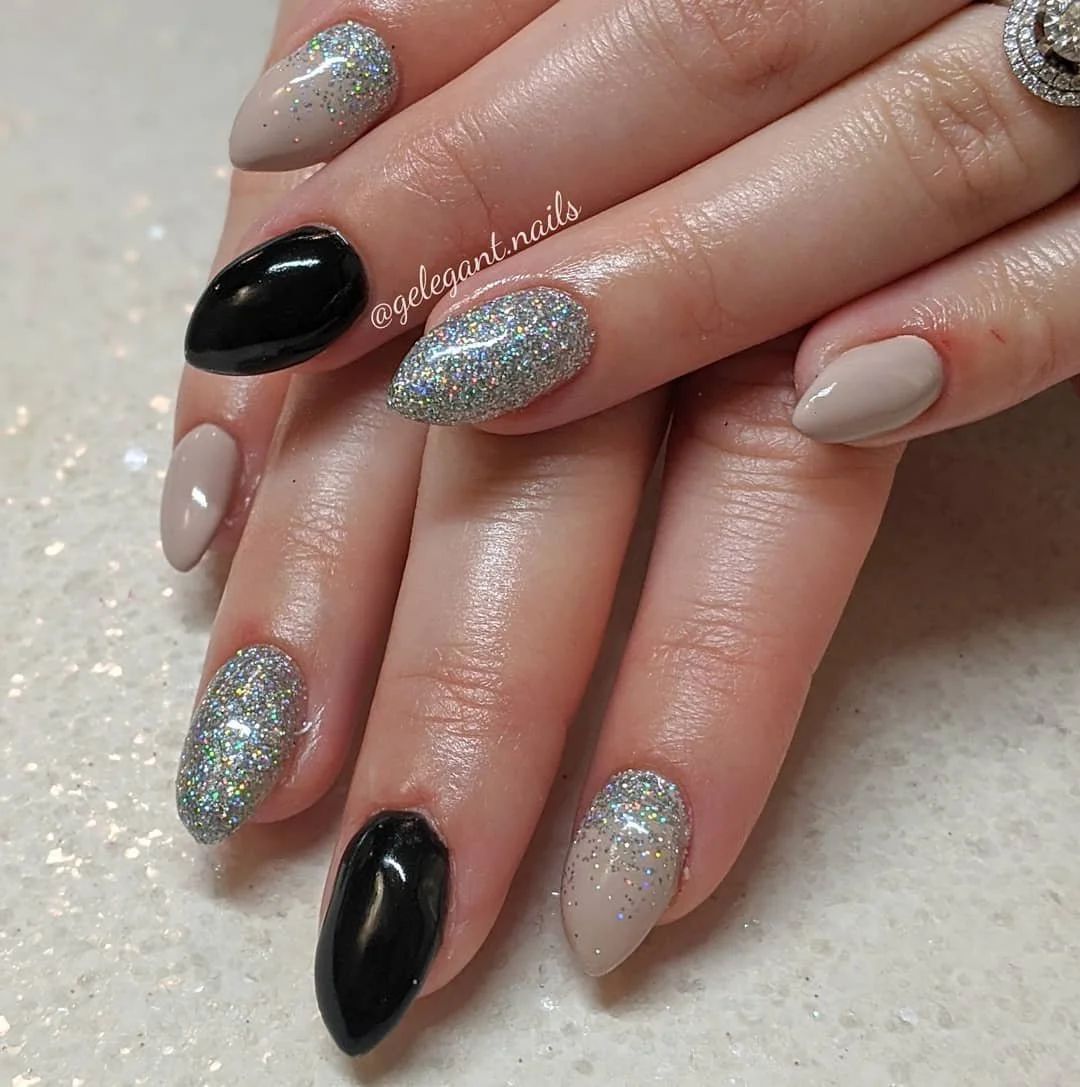 Nude Black Silver Glitter Visual Idea — New Years Almond Nails 2027