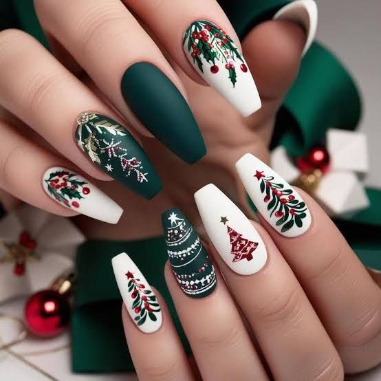 Matte And Glossy Visual Idea — Green Christmas Nails 2026
