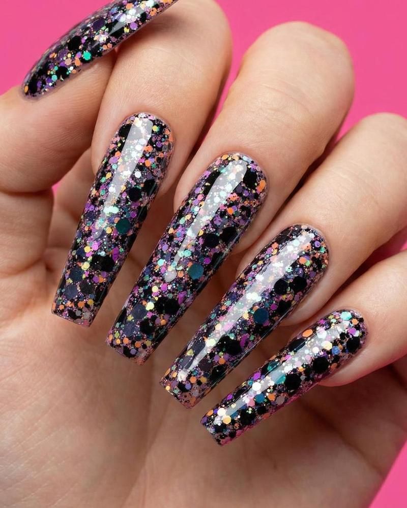Black with Dense Glitter and Stars — New Years Dip Powder Nails 2027