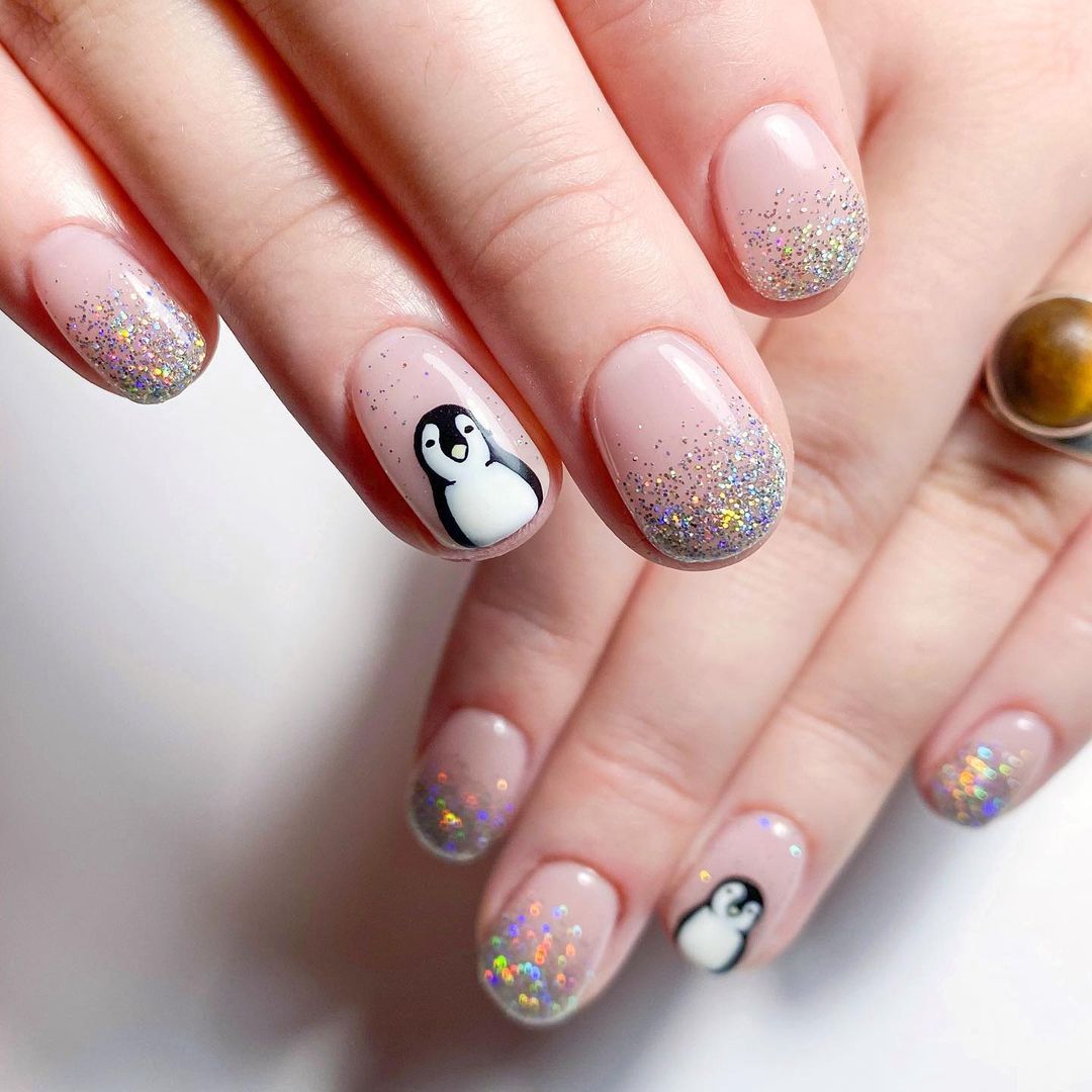 Pale Pink Penguin Oval Nails — Winter Nails for Teens