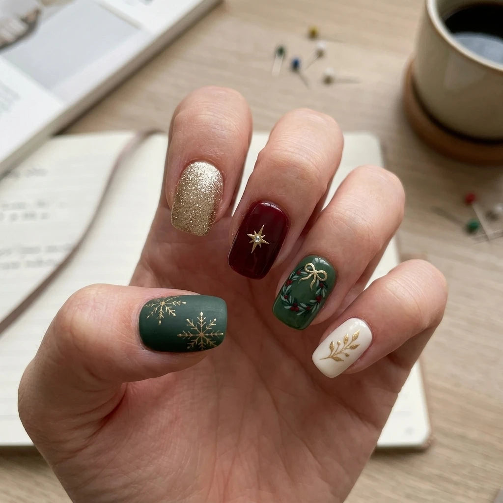 Forest Green Gold Snowflake Satin Matte Nails Forest Green Gold Snowflake Satin Matte Nails — Christmas Square Nails 2026