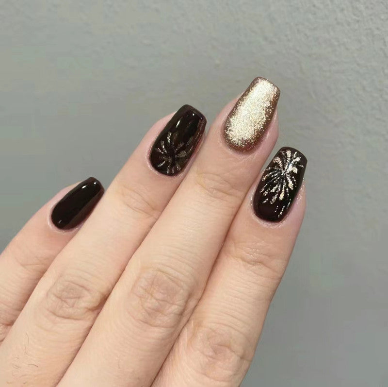 Deep Brown Nails With Gold Foil Fireworks Deep Brown Nails With Gold Foil Fireworks — New Years Press On Nails 2027