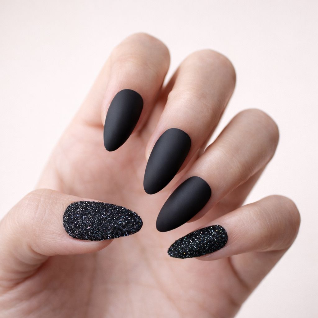 Matte Black Dense Black Glitter Accent Matte Black Dense Black Glitter Accent — Medium Winter Almond Nails
