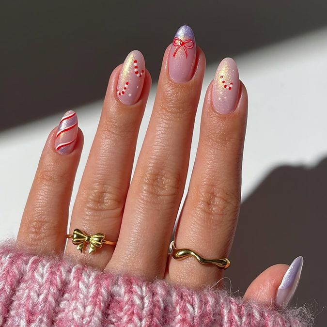 Medium Almond Candy Cane and Bow Nails Medium Almond Candy Cane and Bow Nails — Christmas Nails for Kids 2026