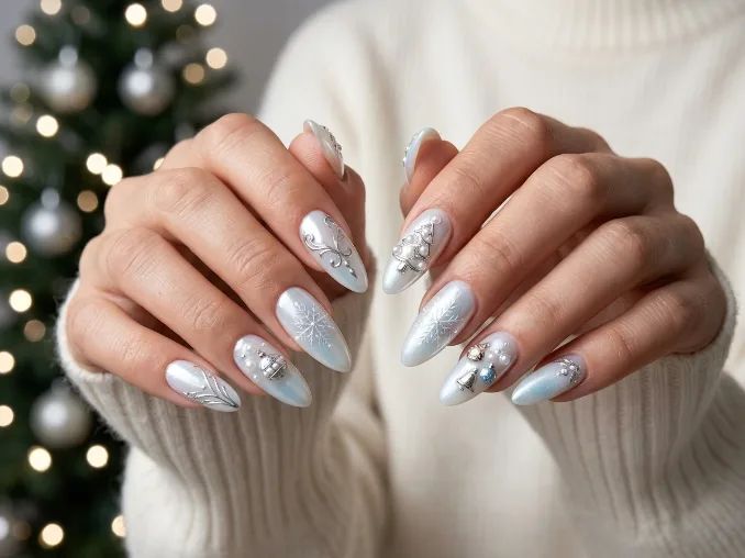 Pearlescent White Silver Snowflake Charms Pearlescent White Silver Snowflake Charms — Christmas Almond Nails 2026