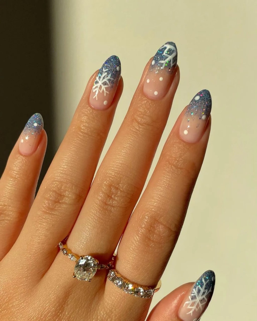 Blue Glitter Gradient Snowflake Nails Blue Glitter Gradient Snowflake Nails — Winter Birthday Nails