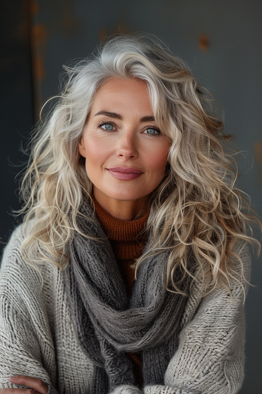 Mid-Back Dark Curls With Blonde Highlights Mid-Back Dark Curls With Blonde Highlights — Winter Haircuts for Women Over 50