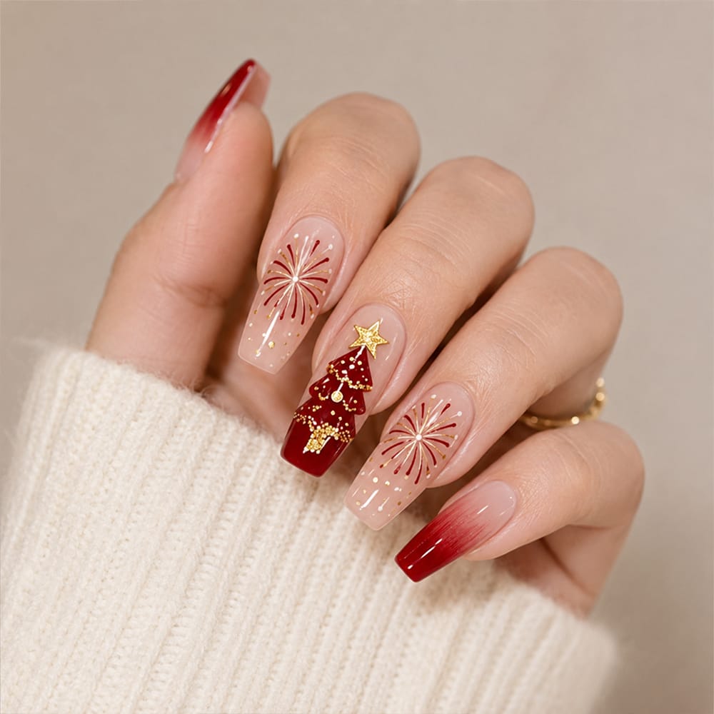 Burgundy Ombre Coffin Nails with Christmas Tree Burgundy Ombre Coffin Nails with Christmas Tree — Burgundy Christmas Nails 2026